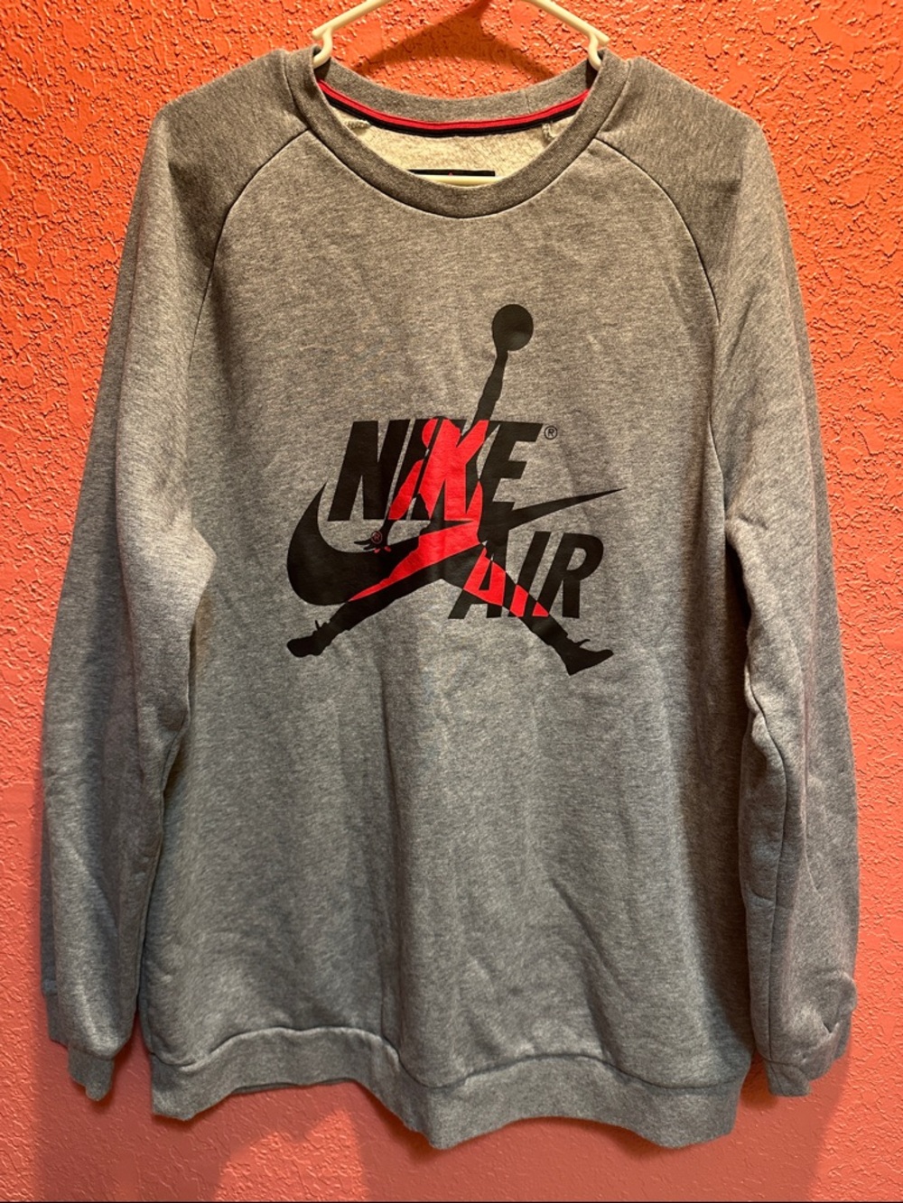 Jordan Men's Grey Crewneck Sweatshirt with Black and Red Logo